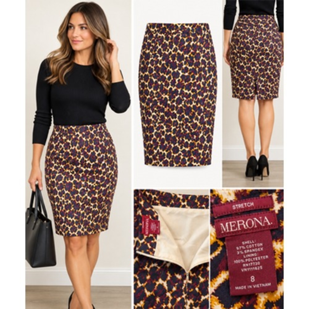 Merona Skirt Womens 8 Brown Animal Print Twill Stretch Lined Pencil Short